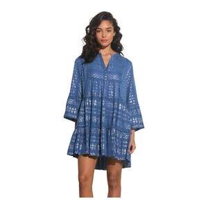 Elan Blue Metallic Silver Print Tiered Mini Dress with Pockets Size Small